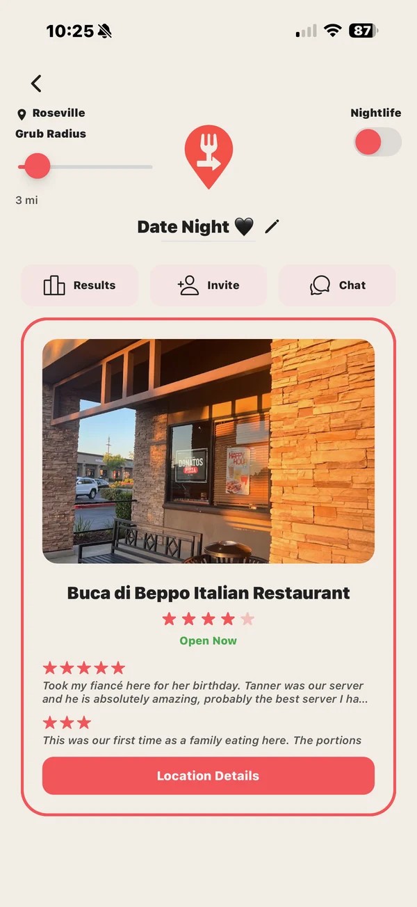 The GoGrub app's Date Night screen