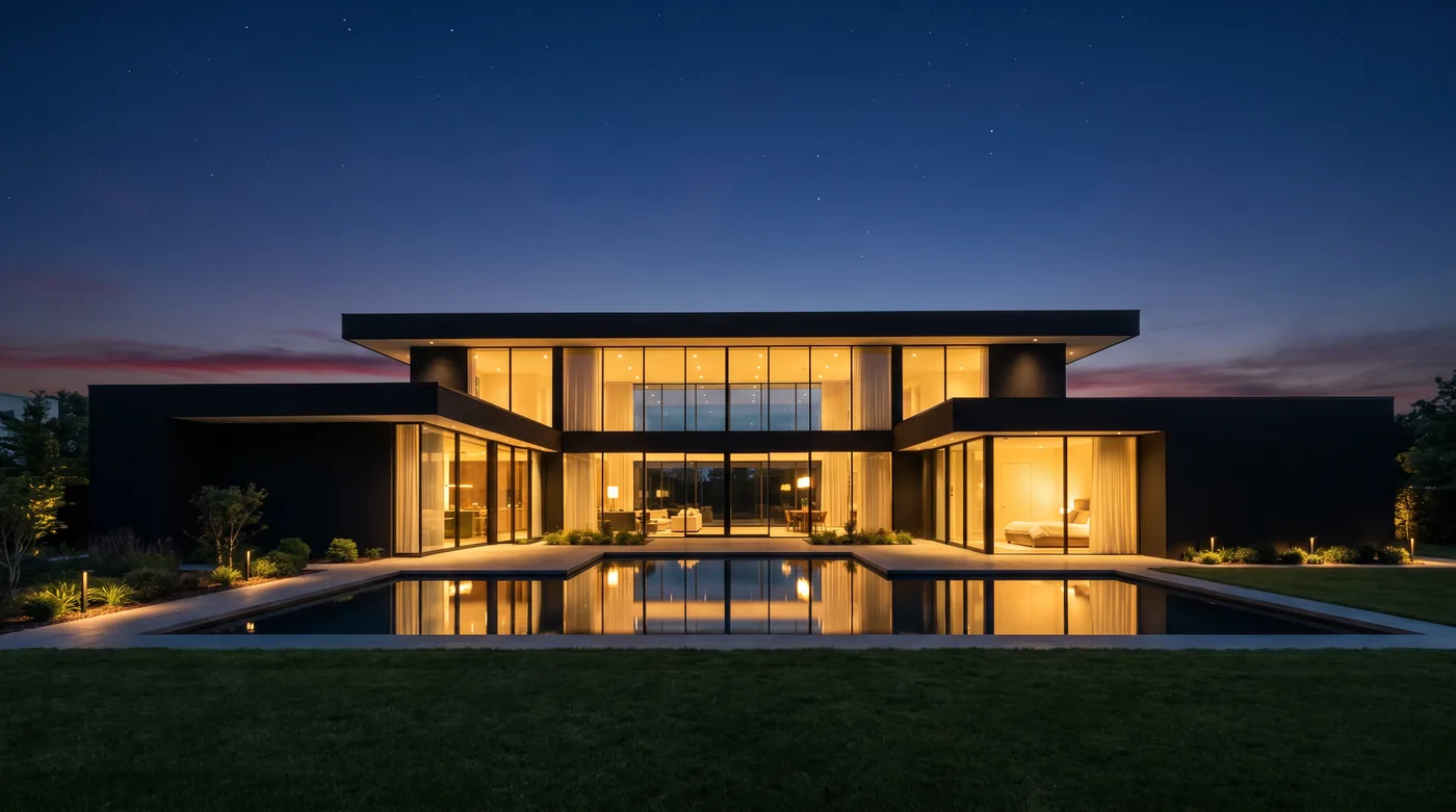 Illustration of a modern black home with two-story glass walls at dusk, lit from inside behind a reflecting pool